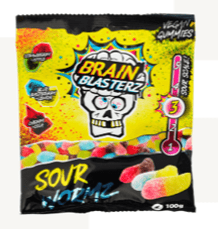Brain Blasterz Sour Wormz gummies 100g, 16stk pr kartong